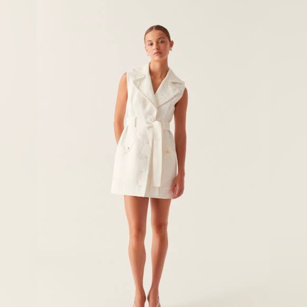 Aje Encompass Utility Mini Dress White Mini Dress with Collar and Waist Tie
